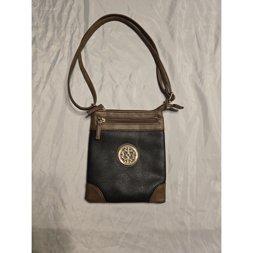 Black And Brown Faux Leather Crossbody Bag Purse Gold Tone Hardware‎ NWOT 8x7"